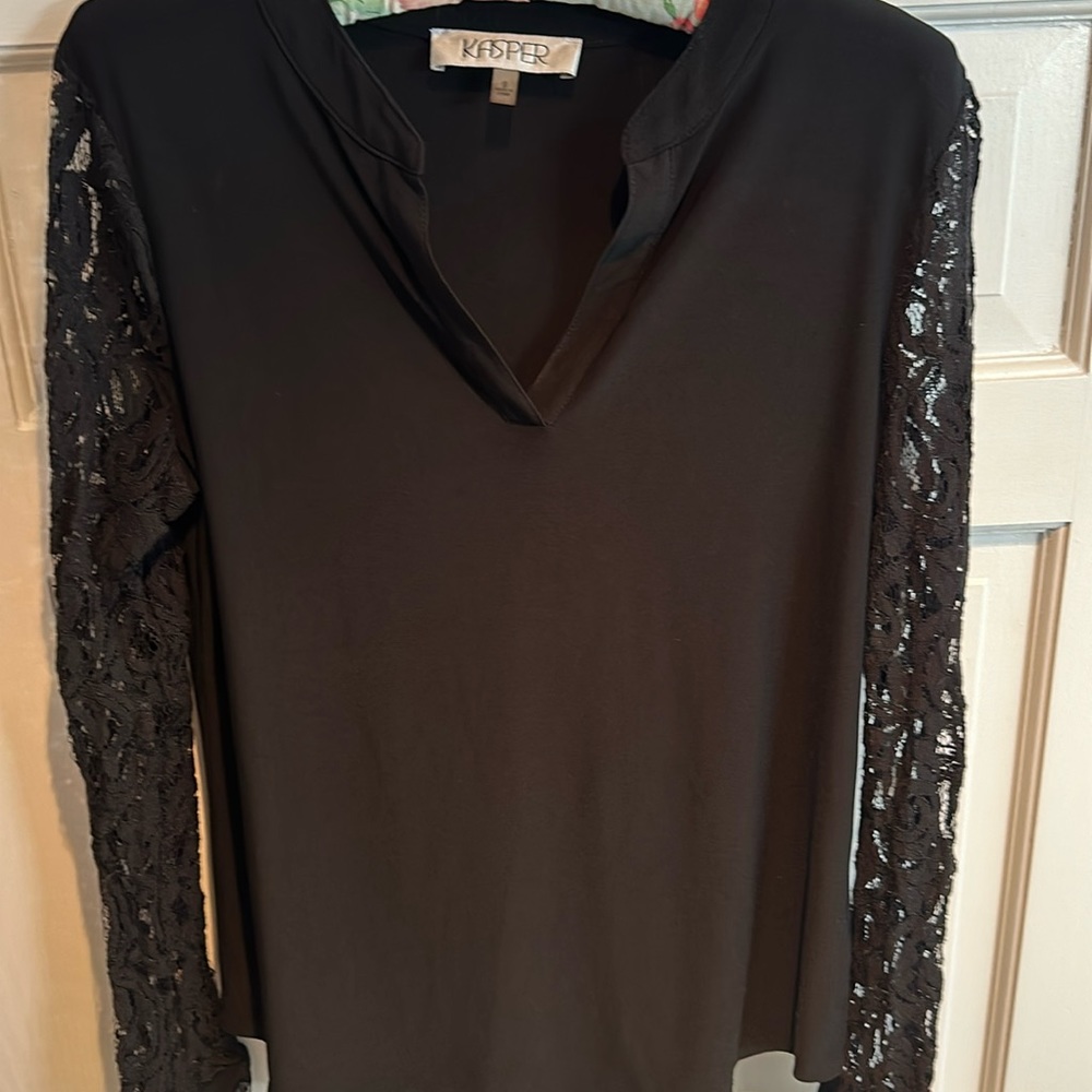 Black dress shirt with lace sleeves.
